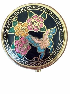 Cloisonné Floral Butterfly Trinket/Pill Box - Black, Pink, Blue, Green
